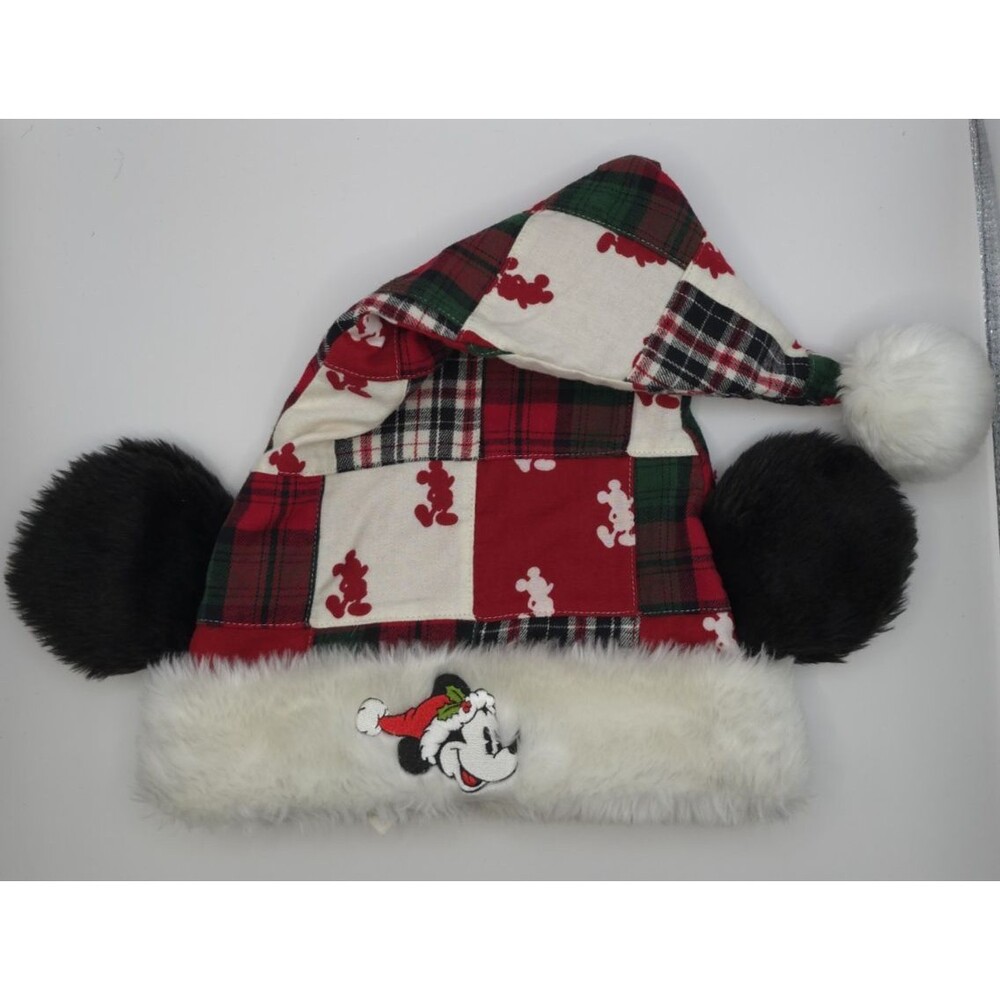 Disney World Mickey Ears Patchwork Santa Hat Christmas Holiday Adult Size